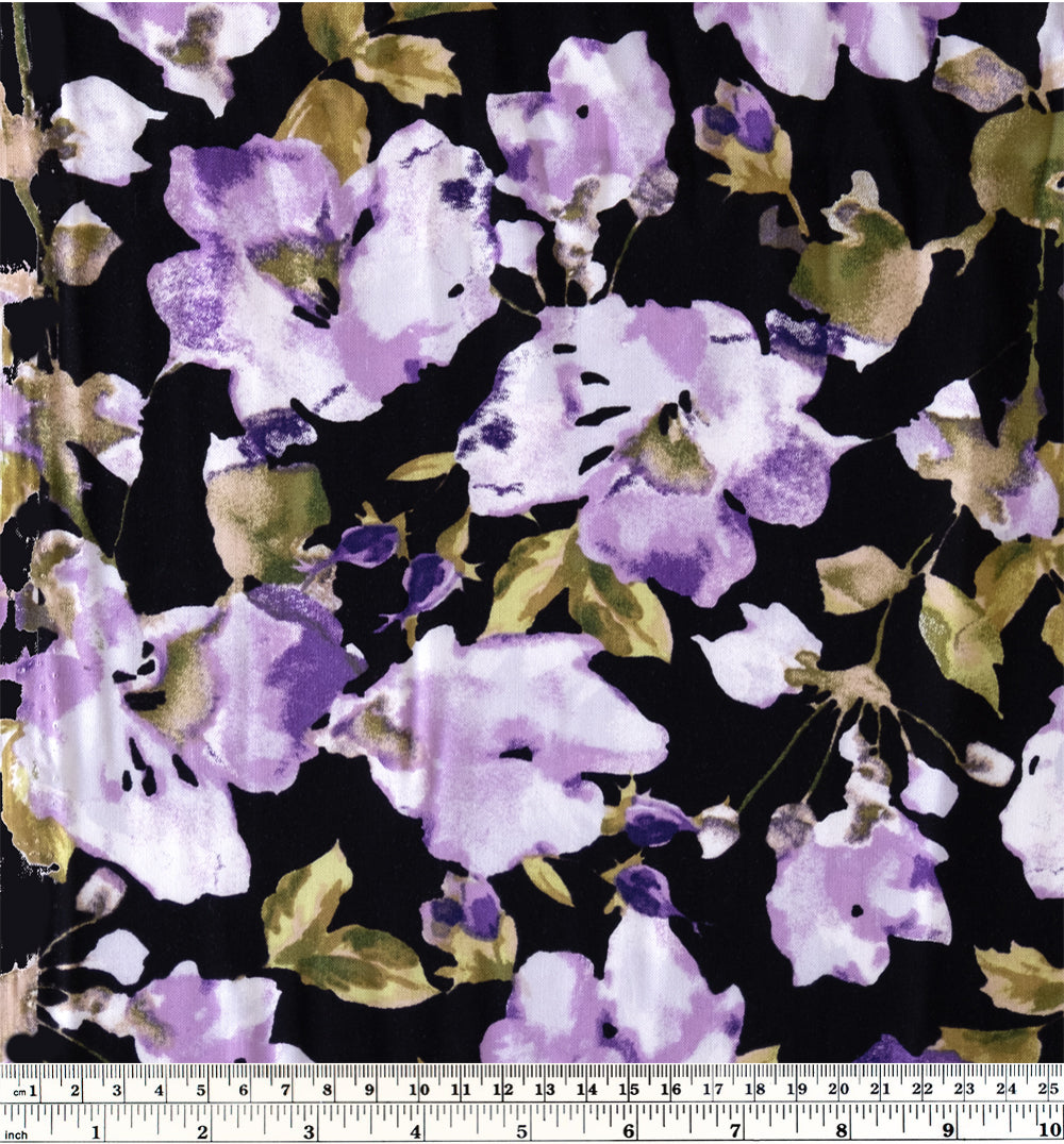 Watercolour Pansies Viscose Poplin - Violet/Black